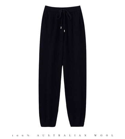 Pantalones de cachemir 100 % pura lana para mujer, de punto, sueltos, de cintura alta, con puños, para otoño e invierno, de corte recto y ajustado