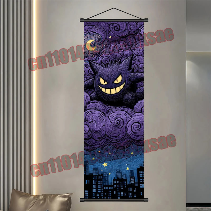 Pokémon Anime Wall Poster – Gengar Eevee Pikachu Scroll Painting Retro Canvas Artwork for Home Decor