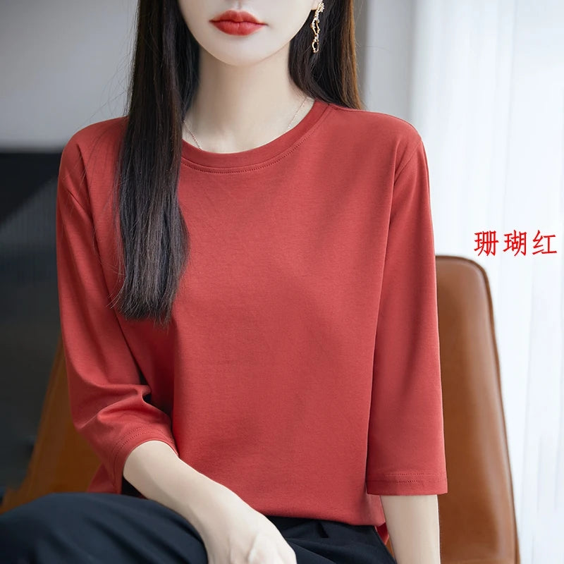 Camiseta de algodón mercerizado para mujer, manga corta, cuello redondo, top básico suave de verano