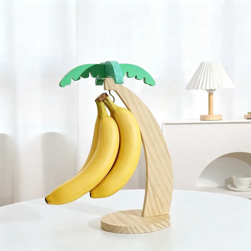 Wooden Banana Rack Hanging Kitchen Rack Simulated Leaf Decorative Fruit Vertical Storage Rack with Hook Kitchen Decoration