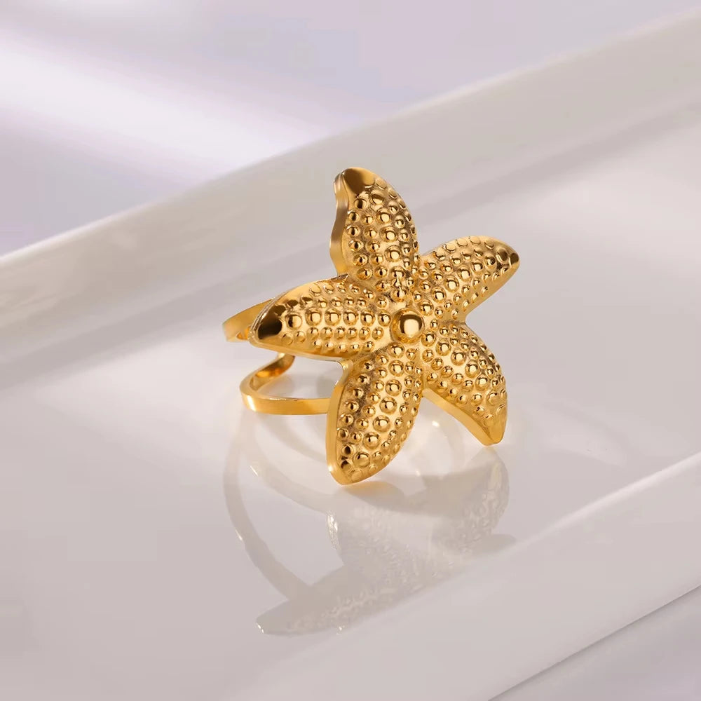 Gold Stainless Steel Starfish & Shell Ring – Adjustable Waterproof Beach-Inspired Ring for Women