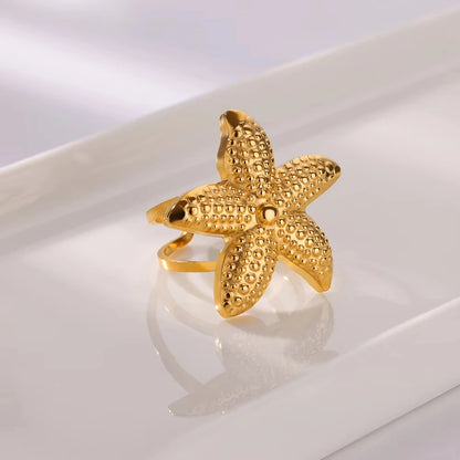 Gold Stainless Steel Starfish & Shell Ring – Adjustable Waterproof Beach-Inspired Ring for Women