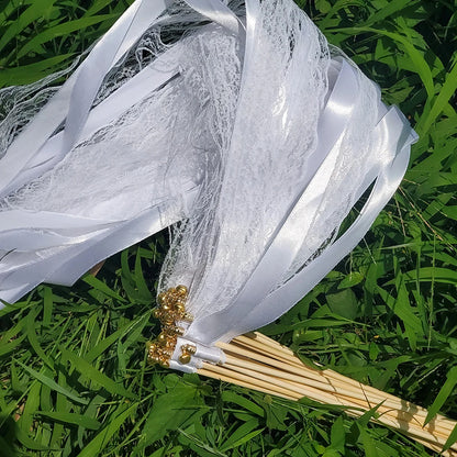 White Ribbon Wand with Bells – Fairy Streamer Stick for Weddings, Parties & Celebrations