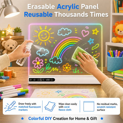 Rechargeable LED Drawing Board for Kids – Neon Glow Doodle Pad with Clock & Auto-Off Timer, Creative Birthday and Christmas Gift