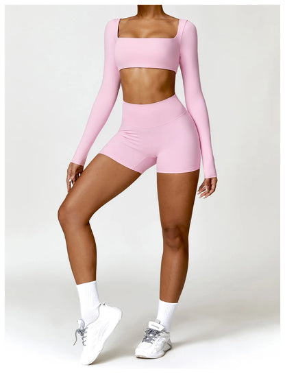 Women’s Square Neck Sports Crop Top – Long Sleeve Quick-Dry Gym Yoga Fitness Activewear