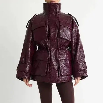 Women’s Burgundy Patent Leather Puffer Jacket – Mid-Length Winter Coat with Stand Collar, Epaulets, Multi-Pockets & Drawstring Waist
