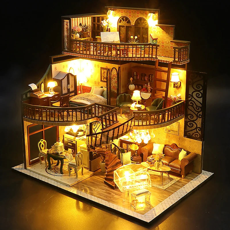 Wooden Dollhouse 3D Puzzle Kit – DIY Miniature Room Model with Furniture & LED Lights Home Decoration