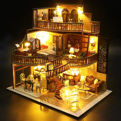 Wooden Dollhouse 3D Puzzle Kit – DIY Miniature Room Model with Furniture & LED Lights Home Decoration