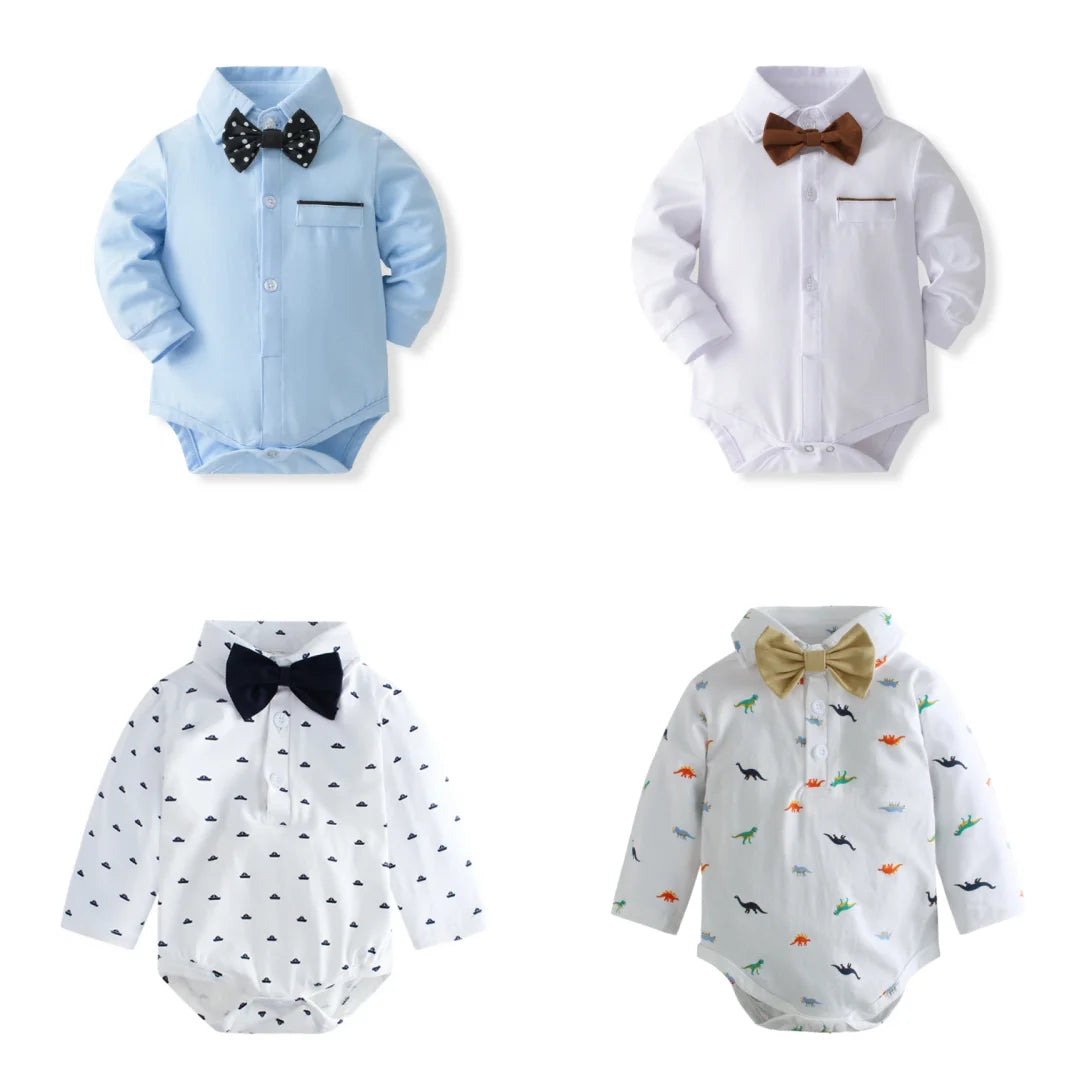 Baby Boy Gentleman Long Sleeve Romper with Bow – 3-24 Months Spring Autumn Winter Birthday Bodysuit, Cute Formal Baby Outfit