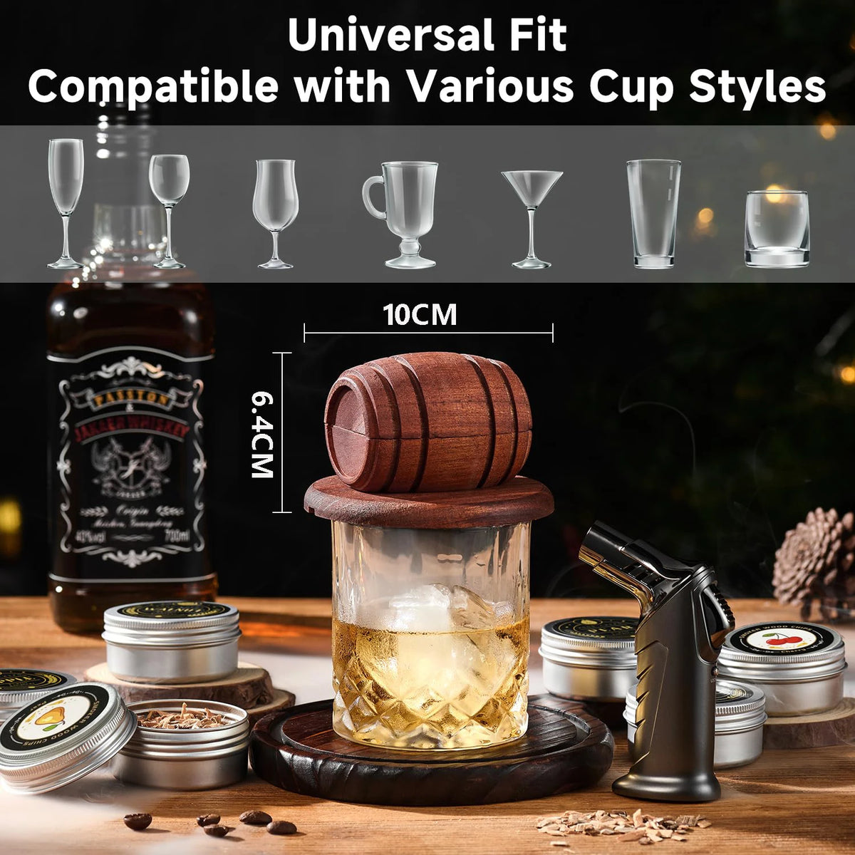 Cocktail Smoker Kit with Apple, Cherry, Oak & Pecan Wood Chips – Whiskey Drink Smoker with Wooden Smoking Hood for Bar & Kitchen