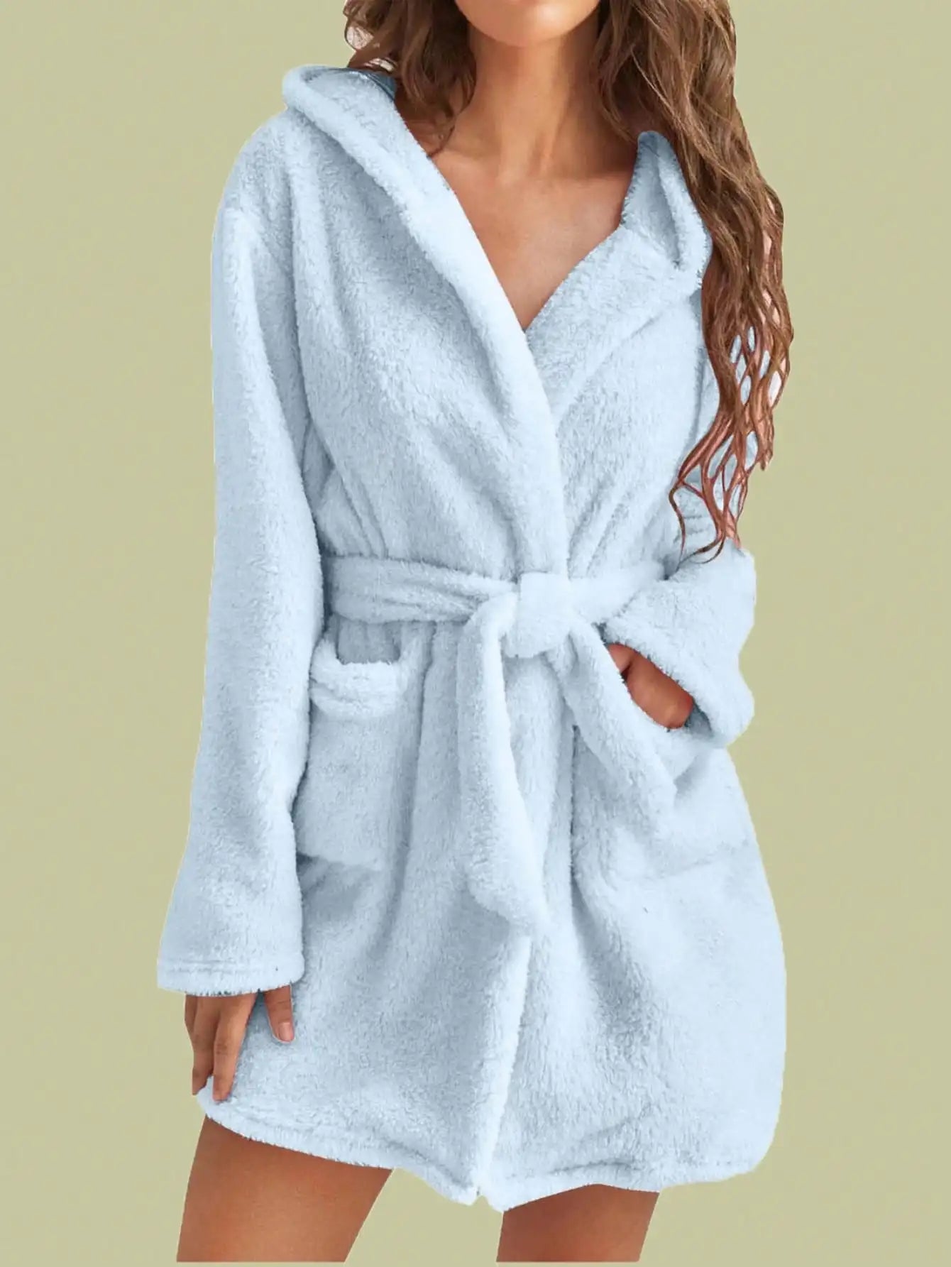 Women’s Hooded Fleece Robe – Solid Color Cozy Warm Bathrobe with Belt for Autumn & Winter Home Wear