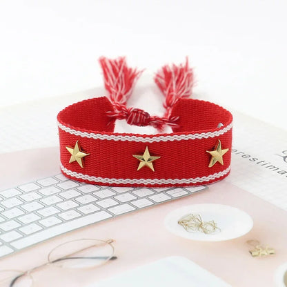 Bohemian Star Tassel Bracelet – Handmade Woven Alloy Gold Rivet Wrist Strap for Women | Ethnic Fashion Jewelry Gift