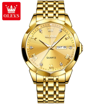 OLEVS 9931 Men’s Quartz Wristwatch – Luxury Diamond-Style Dial, Dual Calendar, Waterproof Design & Stainless Steel Strap