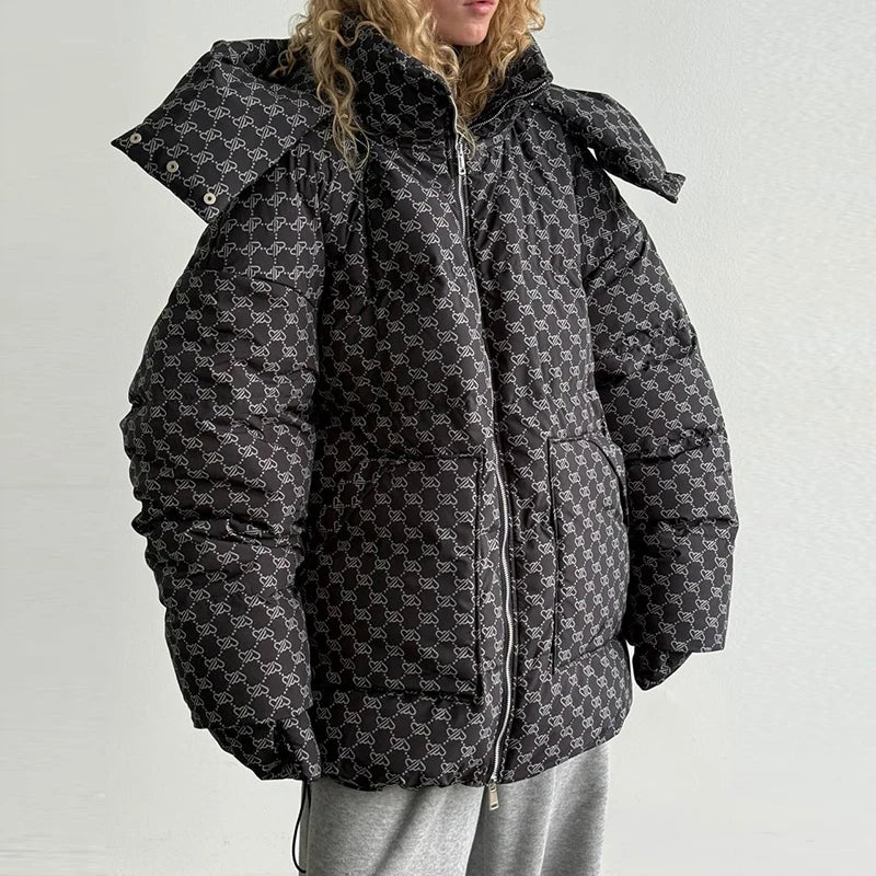 Women’s Winter Printed Coat & Pants 2-Piece Set – Warm Stand Neck Hooded Cotton Jacket with High-Waisted Pants, Chic Casual Outfit