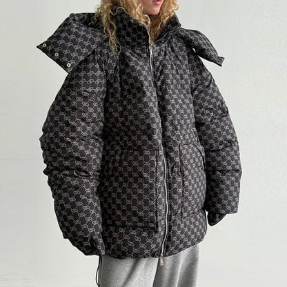 Women’s Winter Printed Coat & Pants 2-Piece Set – Warm Stand Neck Hooded Cotton Jacket with High-Waisted Pants, Chic Casual Outfit