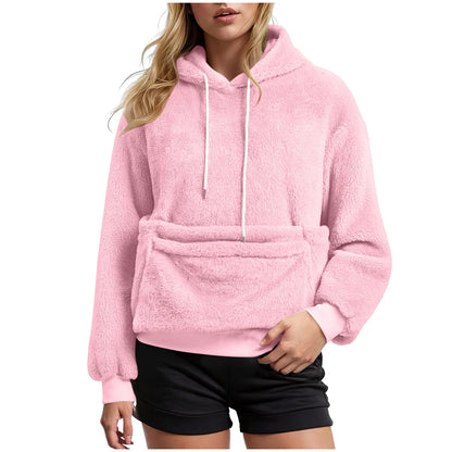 Women's Fall & Winter Fleece Hoodie – Casual Solid-Color Pullover Sweatshirt with Pet Pocket, Drawstring Hood & Cozy Loose Fit