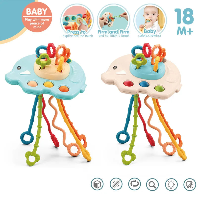 Juguete Sensorial de Silicona Montessori con Cuerda para Bebés – Mordedor Sonajero para Bebés de 6 a 12 Meses