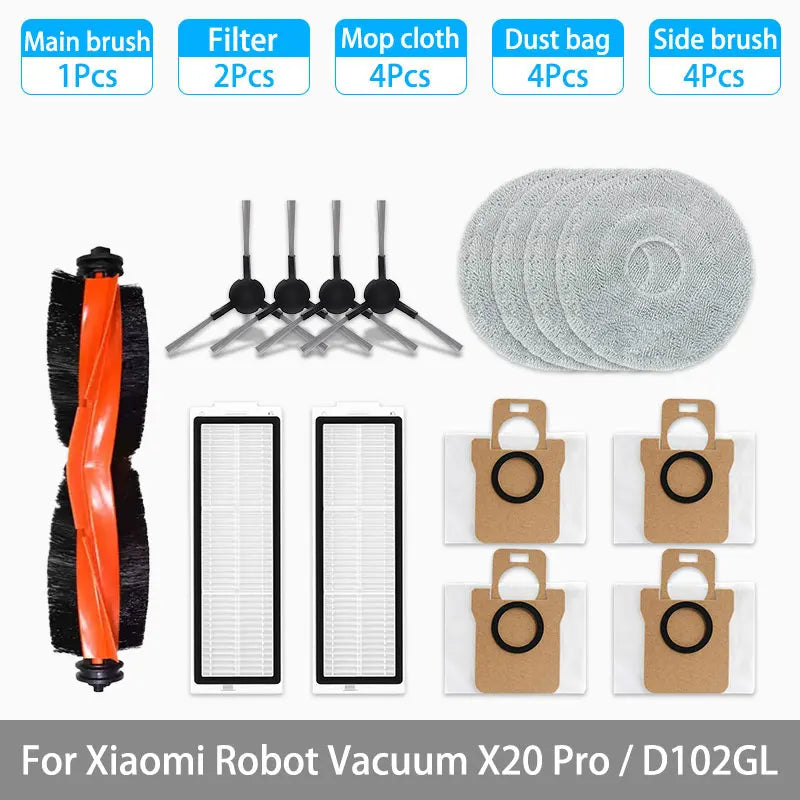 Replacement Parts Kit for Xiaomi Robot Vacuum X20 Pro / D102GL – Main Brush, Side Brushes, HEPA Filter, Mop Pads & Dust Bags