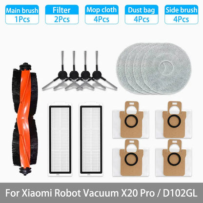 Replacement Parts Kit for Xiaomi Robot Vacuum X20 Pro / D102GL – Main Brush, Side Brushes, HEPA Filter, Mop Pads & Dust Bags