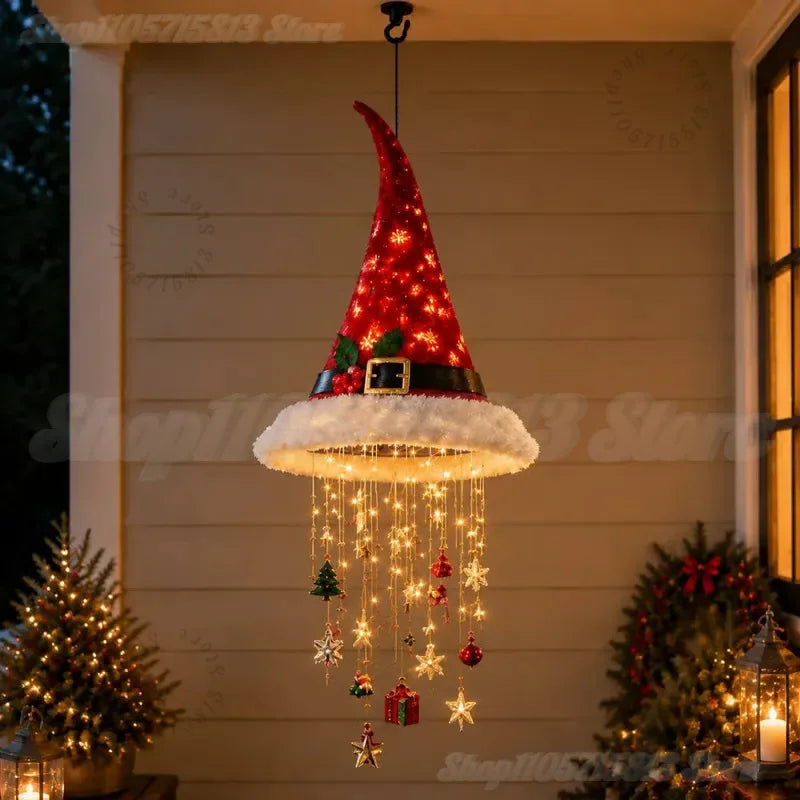 Lighted Santa Hat Hanging Chandelier – Warm LED Christmas String Lights with Festive Ornaments, 3 Styles for Holiday Decor