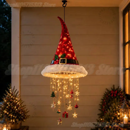 Lighted Santa Hat Hanging Chandelier – Warm LED Christmas String Lights with Festive Ornaments, 3 Styles for Holiday Decor