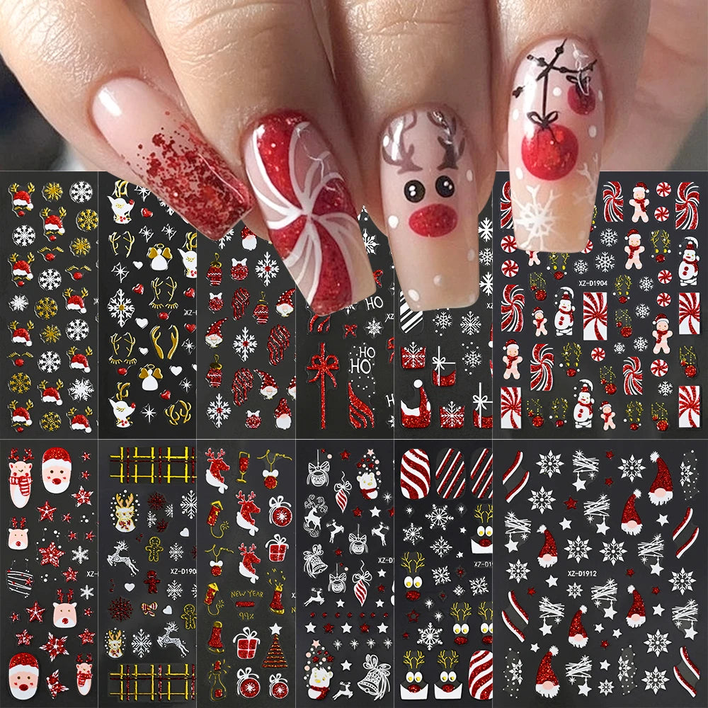 Christmas Nail Art Stickers – Red Glitter Snowflake, Elk & Snowman Self-Adhesive Holiday Manicure Decals (1–12pcs)