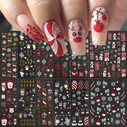 Christmas Nail Art Stickers – Red Glitter Snowflake, Elk & Snowman Self-Adhesive Holiday Manicure Decals (1–12pcs)