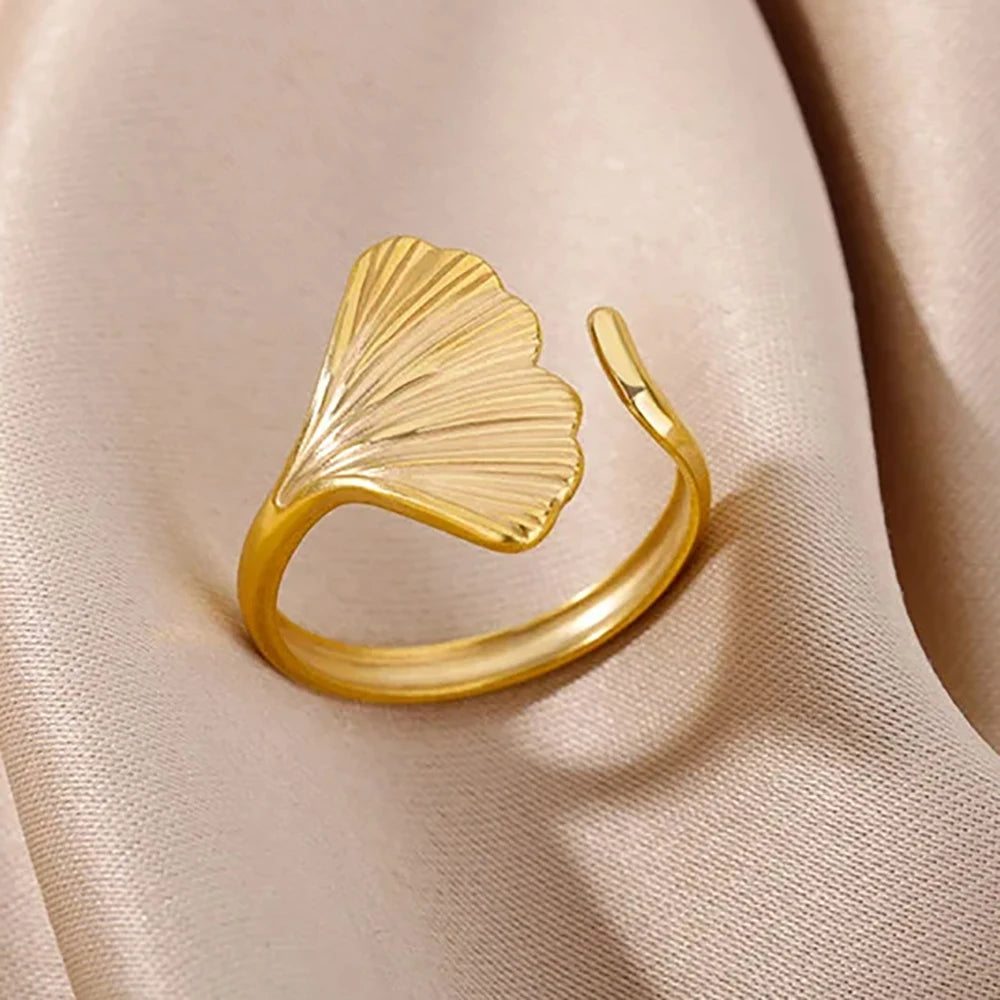Gold Stainless Steel Starfish & Shell Ring – Adjustable Waterproof Beach-Inspired Ring for Women