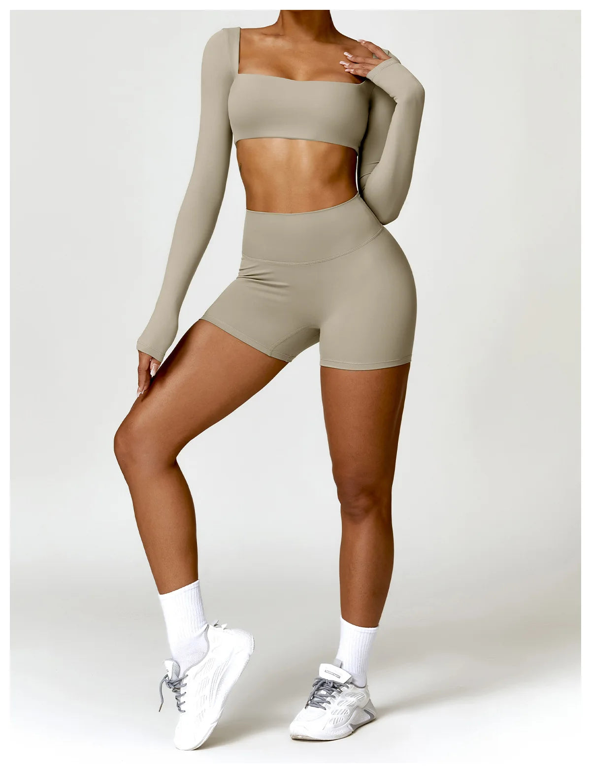 Women’s Square Neck Sports Crop Top – Long Sleeve Quick-Dry Gym Yoga Fitness Activewear