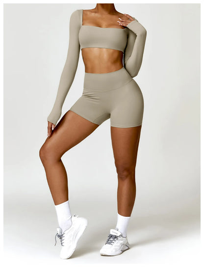 Women’s Square Neck Sports Crop Top – Long Sleeve Quick-Dry Gym Yoga Fitness Activewear