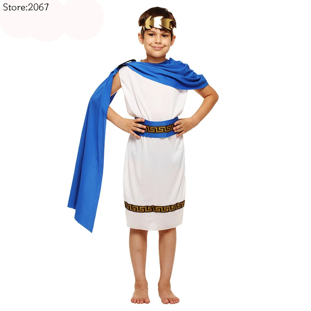 Kids Grecian Toga Cosplay Costume Set – Roman Greek Goddess Outfit for Boys & Girls, Halloween, Purim, Mardi Gras & Party Fancy Dress