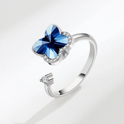 Anillo giratorio antiestrés de mariposa y flor con diamantes de imitación – Anillo giratorio antiansiedad para mujer | Joyería ajustable para aliviar el estrés