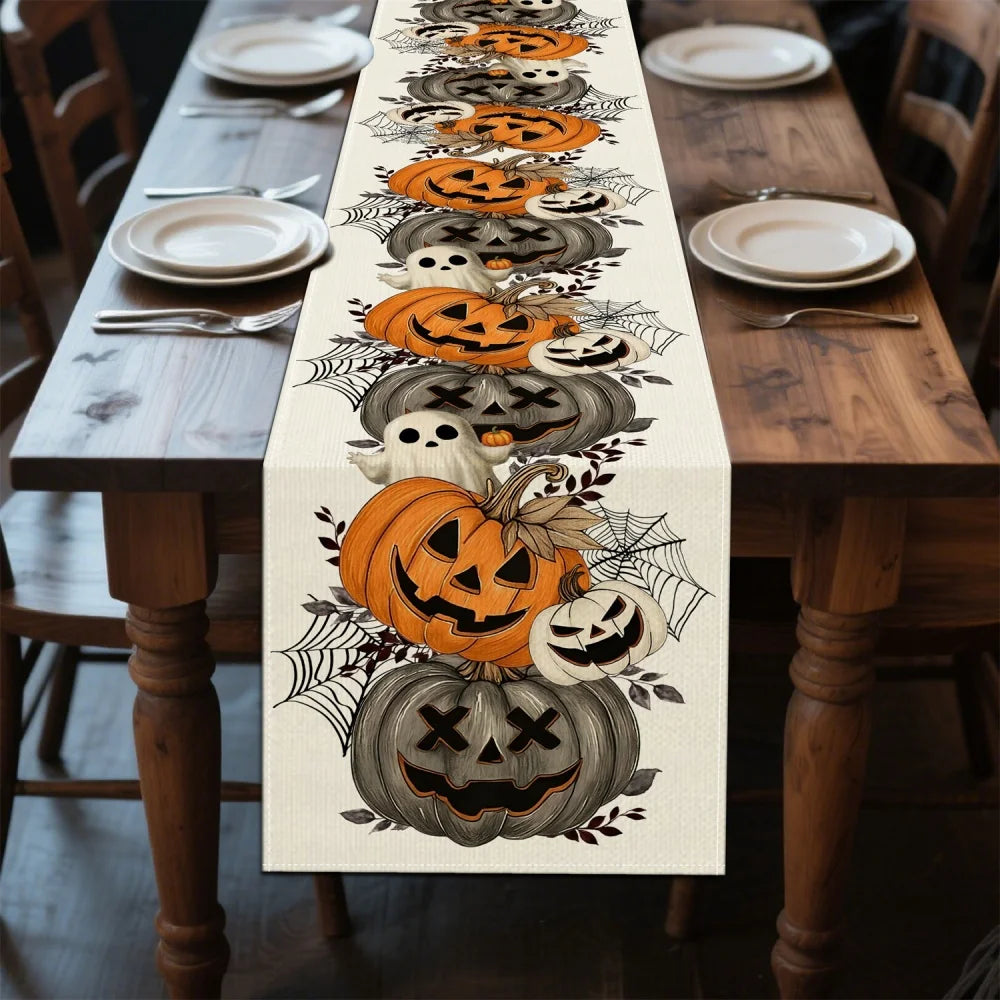 1PC Halloween Table Runner, Jack-o'-Lantern Pumpkin and Spider Web Print, Farmhouse Dining Table Decor, Spooky Kitchen Decoration, Halloween Party Tablecloth Accent
