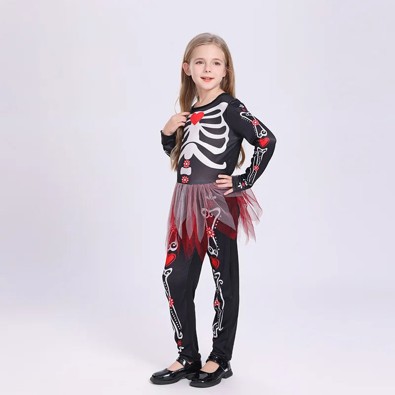 Colorful Skeleton Cosplay Costume for Kids – Girls One-Piece Tight Skirt Dress for Halloween Roleplay & Party Wear