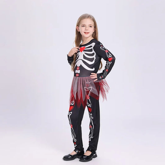 Disfraz de esqueleto colorido para niños – Vestido de falda ajustado de una pieza para niñas para juegos de rol de Halloween y fiestas