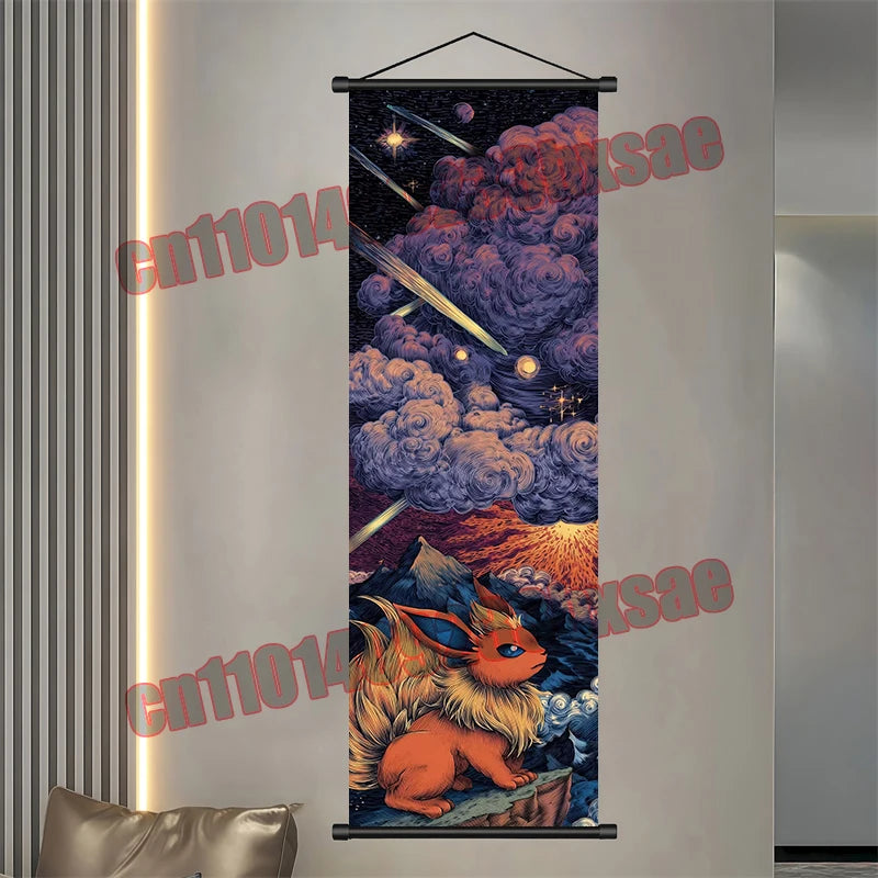 Pokémon Anime Wall Poster – Gengar Eevee Pikachu Scroll Painting Retro Canvas Artwork for Home Decor