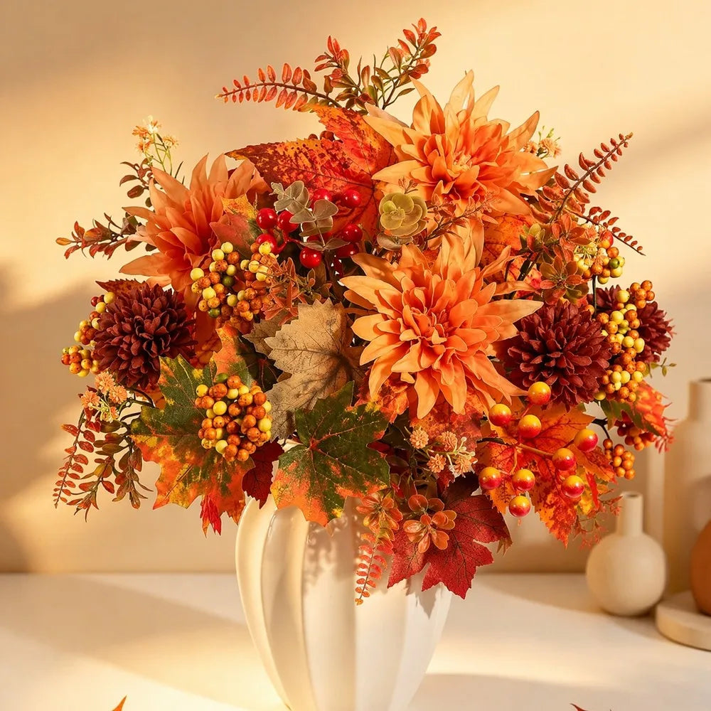 Artificial Fall Flower Bouquet with Maple Leaves & Pumpkin Accents – Faux Floral Stems for Thanksgiving, Halloween, Autumn Table Centerpieces & Home Decor