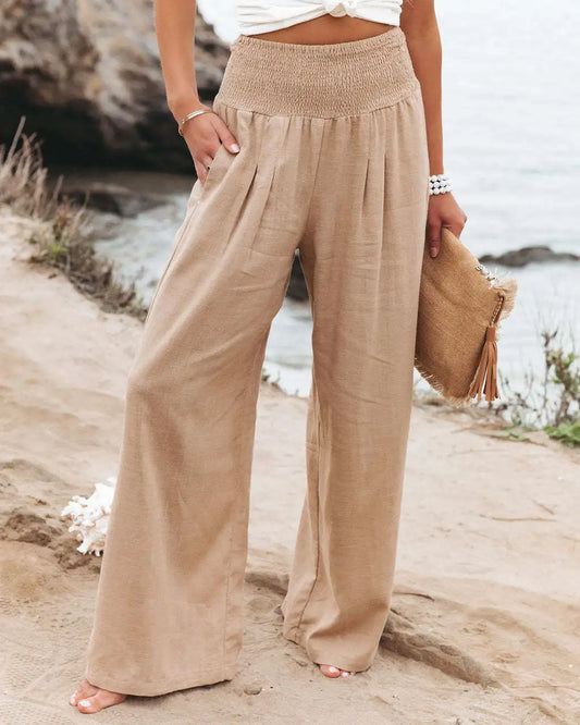 Pantalones casuales de pierna ancha para mujer con cordón en la cintura estilo europeo americano para playa primavera verano