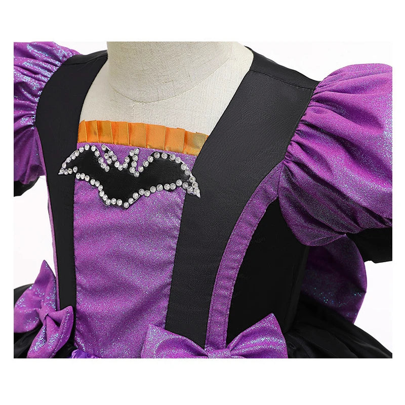 Girls Pumpkin Halloween Costume Dress – Fancy Bat Print Witch Princess Ball Gown for Cosplay, Festival & Party