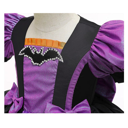 Girls Pumpkin Halloween Costume Dress – Fancy Bat Print Witch Princess Ball Gown for Cosplay, Festival & Party