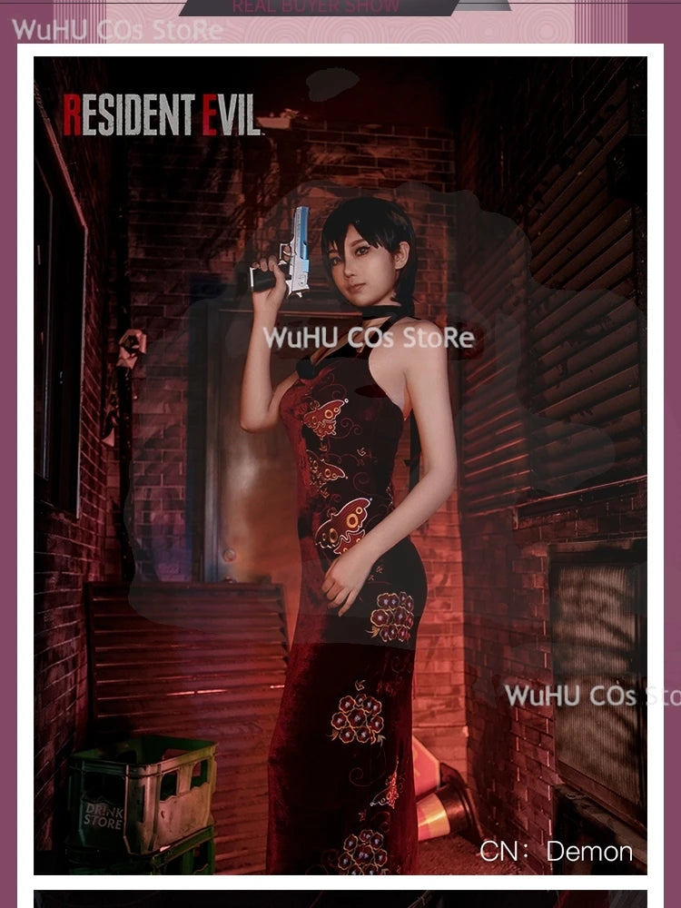 Resident Evil 4 Ada Wong Cosplay Costume | Red Cheongsam Embroidery Dress with Wig | Halloween Carnival & Anime Roleplay Suit for Women
