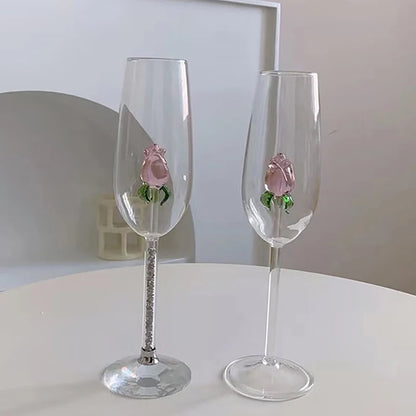 3D Pink Glass Rose Wine Glass Goblet, Red White Wine Cup, Champagne Flute Drinkware, Romantic Valentine’s Day Gift