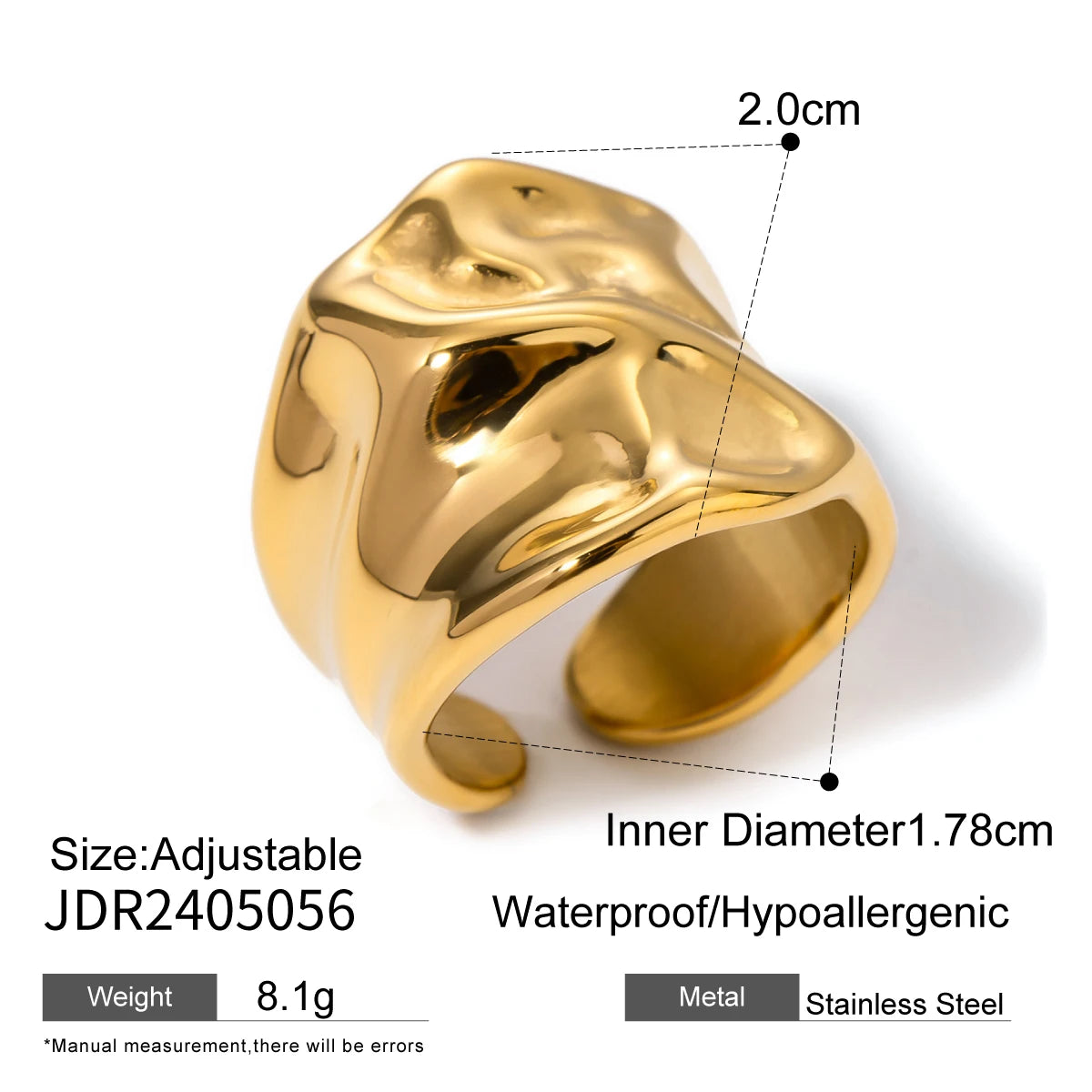 Bague creuse ajustable plaquée or 18 carats - Bague de mode minimaliste en acier inoxydable pour femme