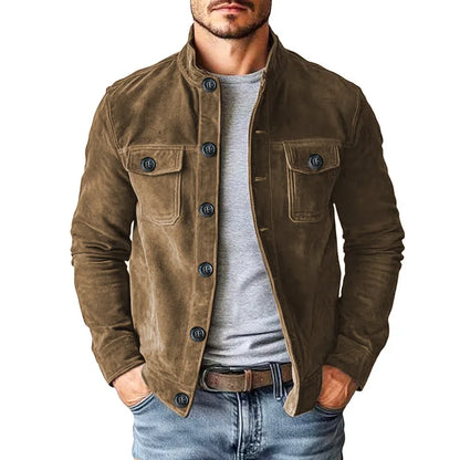 Men’s Vintage Brown Faux Suede Jacket – Stand Collar Button-Up Coat with Chest Pockets, Slim-Fit Casual Streetwear Outerwear