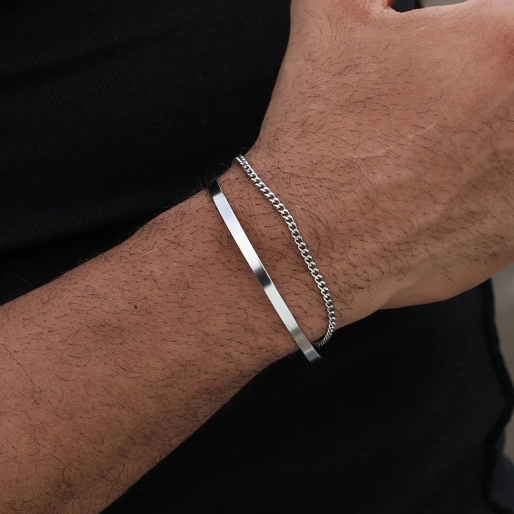 Pulsera de cadena cubana de acero inoxidable de 3 mm - Pulsera de puño abierto ajustable para hombres | Accesorio de joyería de moda urbana hip hop