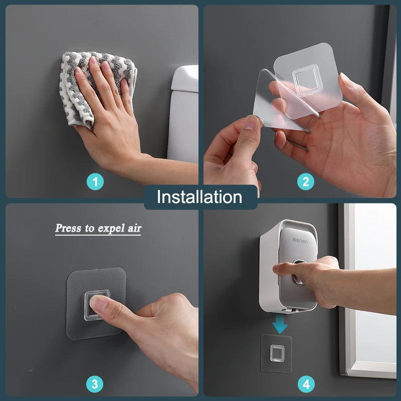 Dispensador de pasta de dientes MENGNI – Exprimidor de pasta dental montado en la pared para baño, soporte para cepillo de dientes sin taladros, organizador manual de bomba de pasta de dientes para almacenamiento y uso diario en el baño