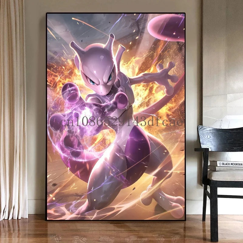 Pokémon Mewtwo HD Canvas Wall Art – Anime Watercolor Poster Print Modern Home Decor