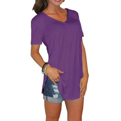 Women's Summer V-Neck Blouse – Solid Color Short-Sleeve Loose T-Shirt with Curved Hem, Casual Lightweight Top for Everyday Wear