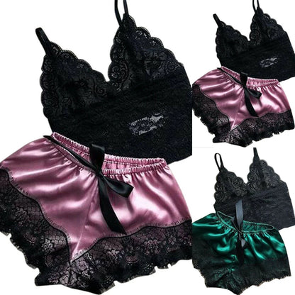 Ensemble de pyjama 2 pièces en dentelle pour femme – Caraco babydoll et short, lingerie de nuit douce