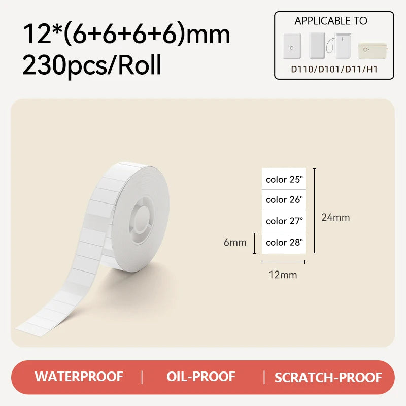 Niimbot D110 Label Maker Tape – Waterproof Self-Adhesive Sticker Paper, Compatible Label Roll for Niimbot D11/D101 Portable Printer, White Thermal Labels 12-15mm